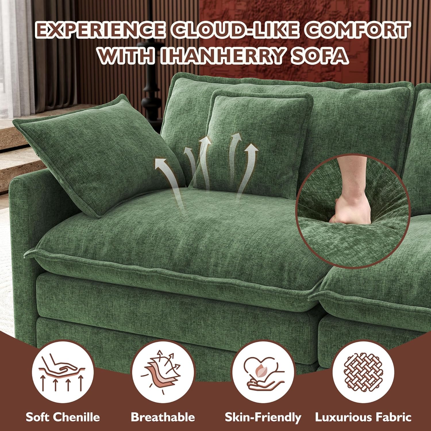 Ihanherry U Shaped Modular Cloud Sofa 5 Seat Chenille Sectional with Ottoman