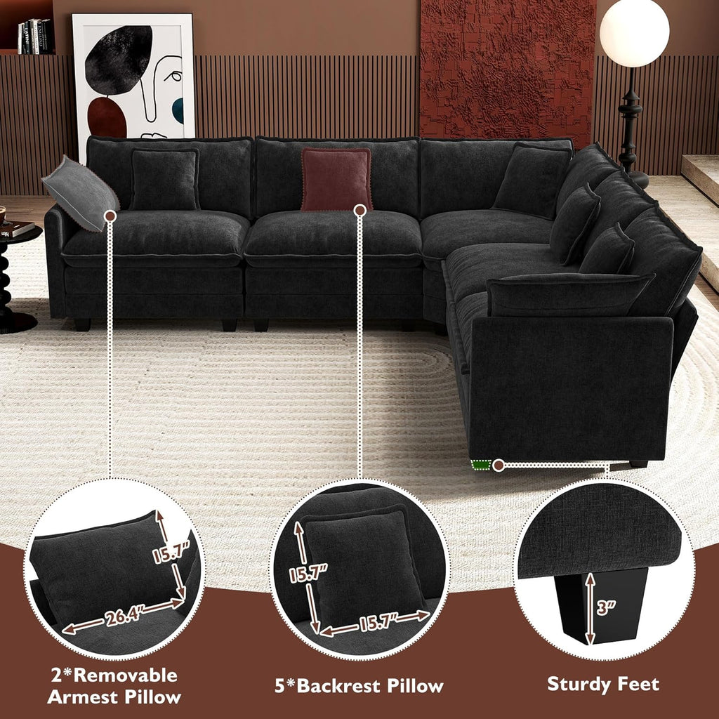 Ihanherry U Shaped Modular Cloud Sofa 5 Seat Chenille Sectional with Ottoman