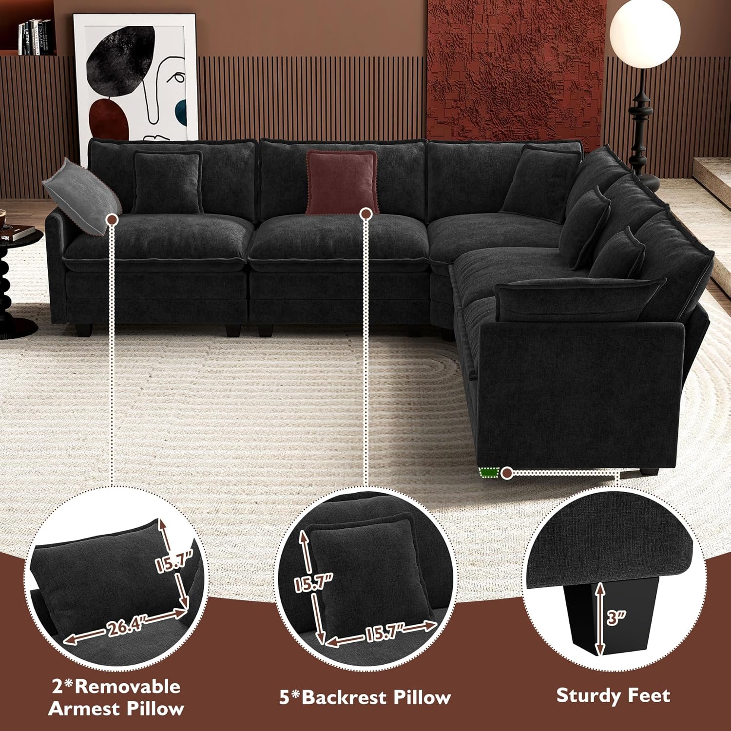 Ihanherry U Shaped Modular Cloud Sofa 5 Seat Chenille Sectional with Ottoman