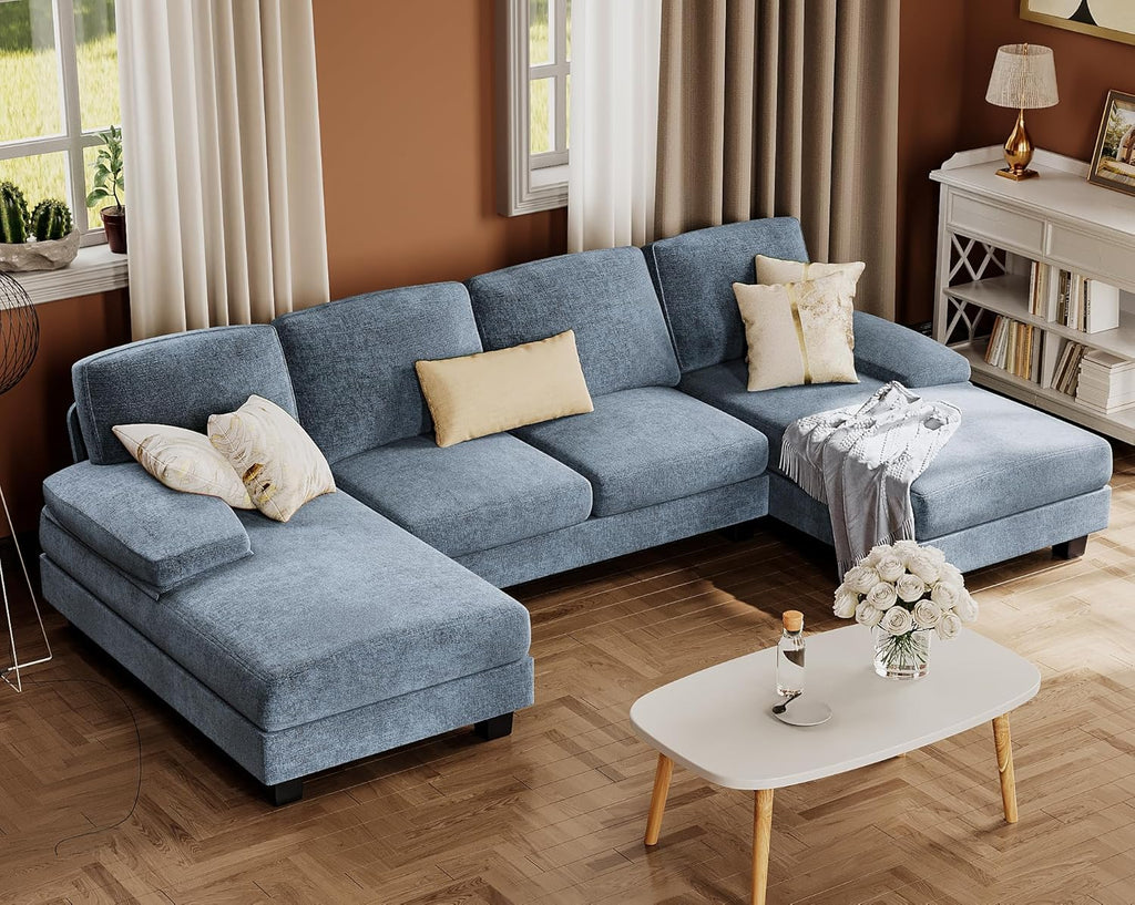 Furmax U-Shaped Sectional Sofa Couch 4 Seat Linen Fabric Double Chaise