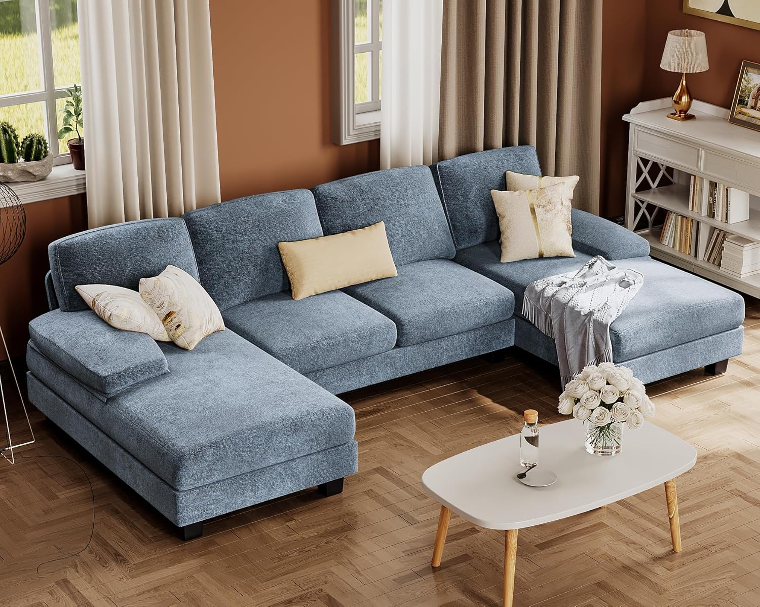 Furmax U-Shaped Sectional Sofa Couch 4 Seat Linen Fabric Double Chaise