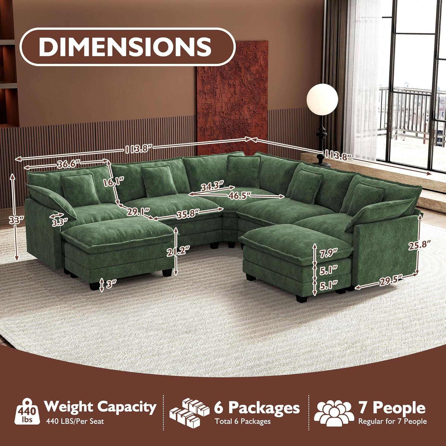 Ihanherry U Shaped Modular Cloud Sofa 5 Seat Chenille Sectional with Ottoman