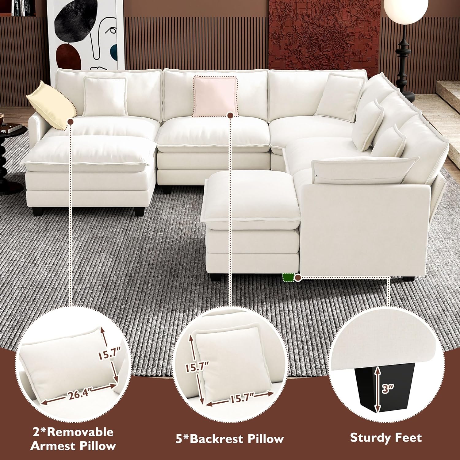 Ihanherry U Shaped Modular Cloud Sofa 5 Seat Chenille Sectional with Ottoman