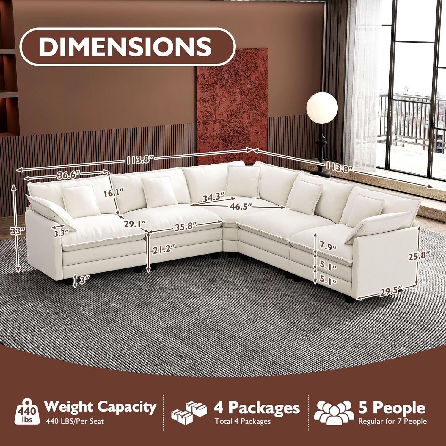 Ihanherry U Shaped Modular Cloud Sofa 5 Seat Chenille Sectional with Ottoman