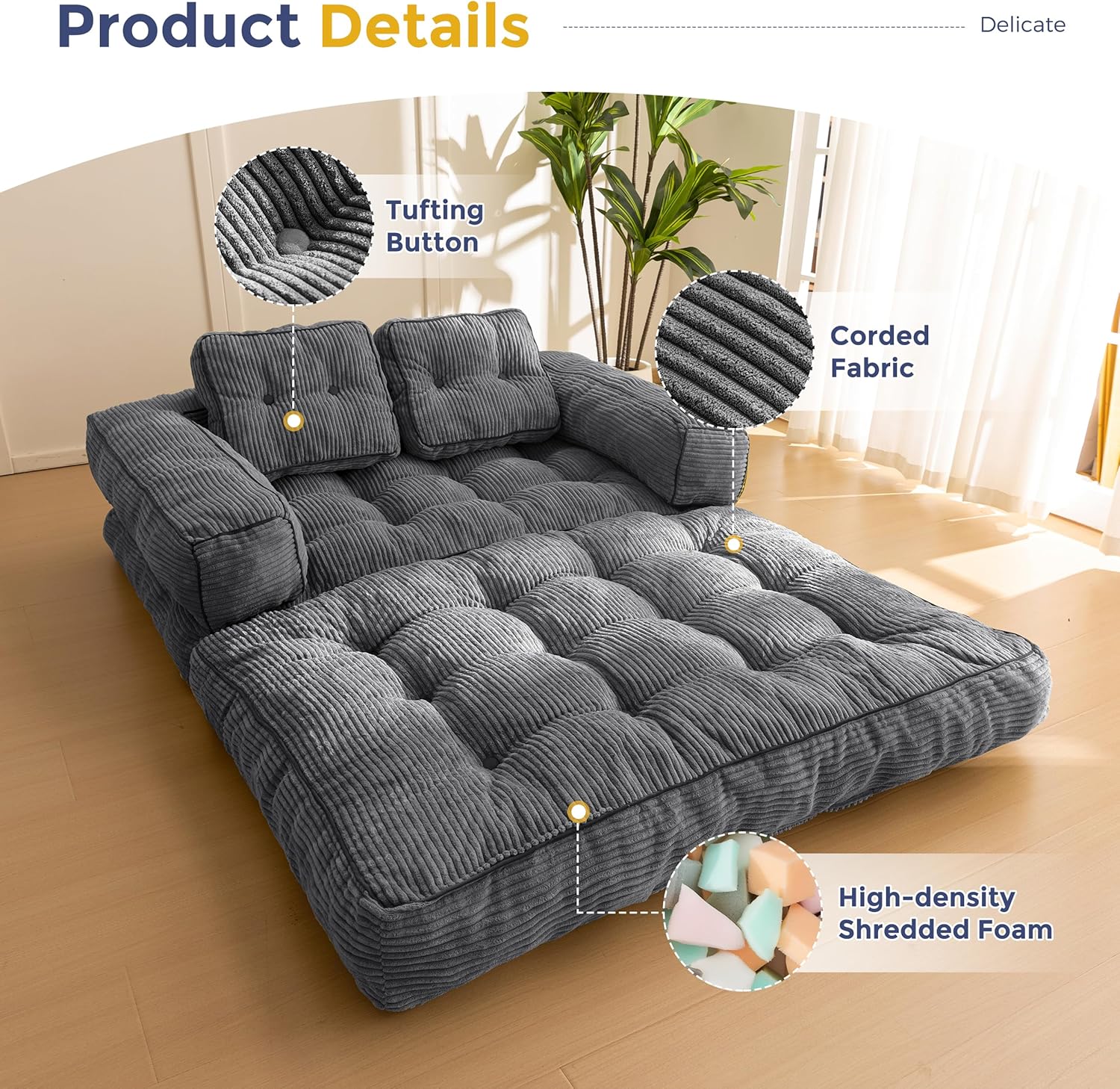 MAXYOYO L Shaped Folding Sofa Bed Convertible Sleeper with Pillow Armrest