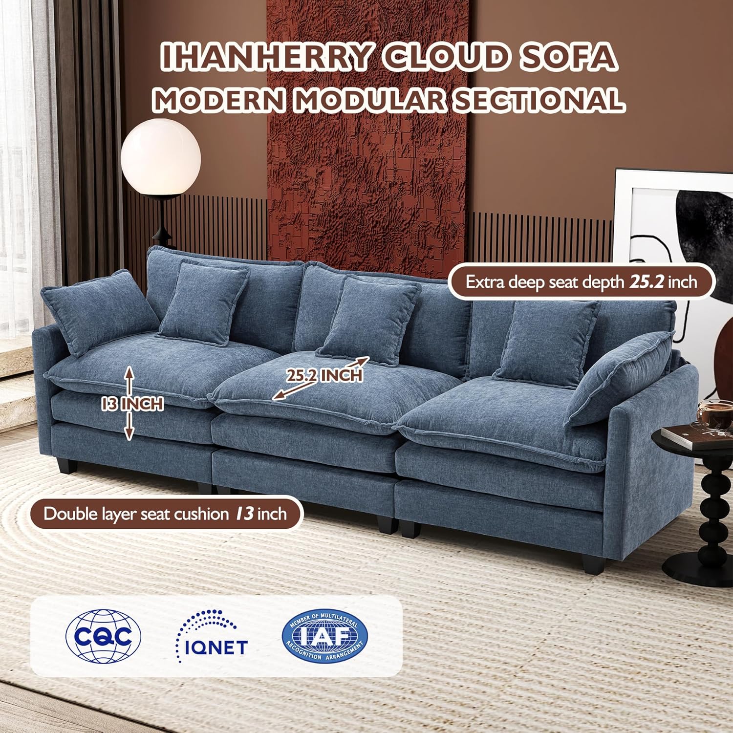Ihanherry U Shaped Modular Cloud Sofa 5 Seat Chenille Sectional with Ottoman