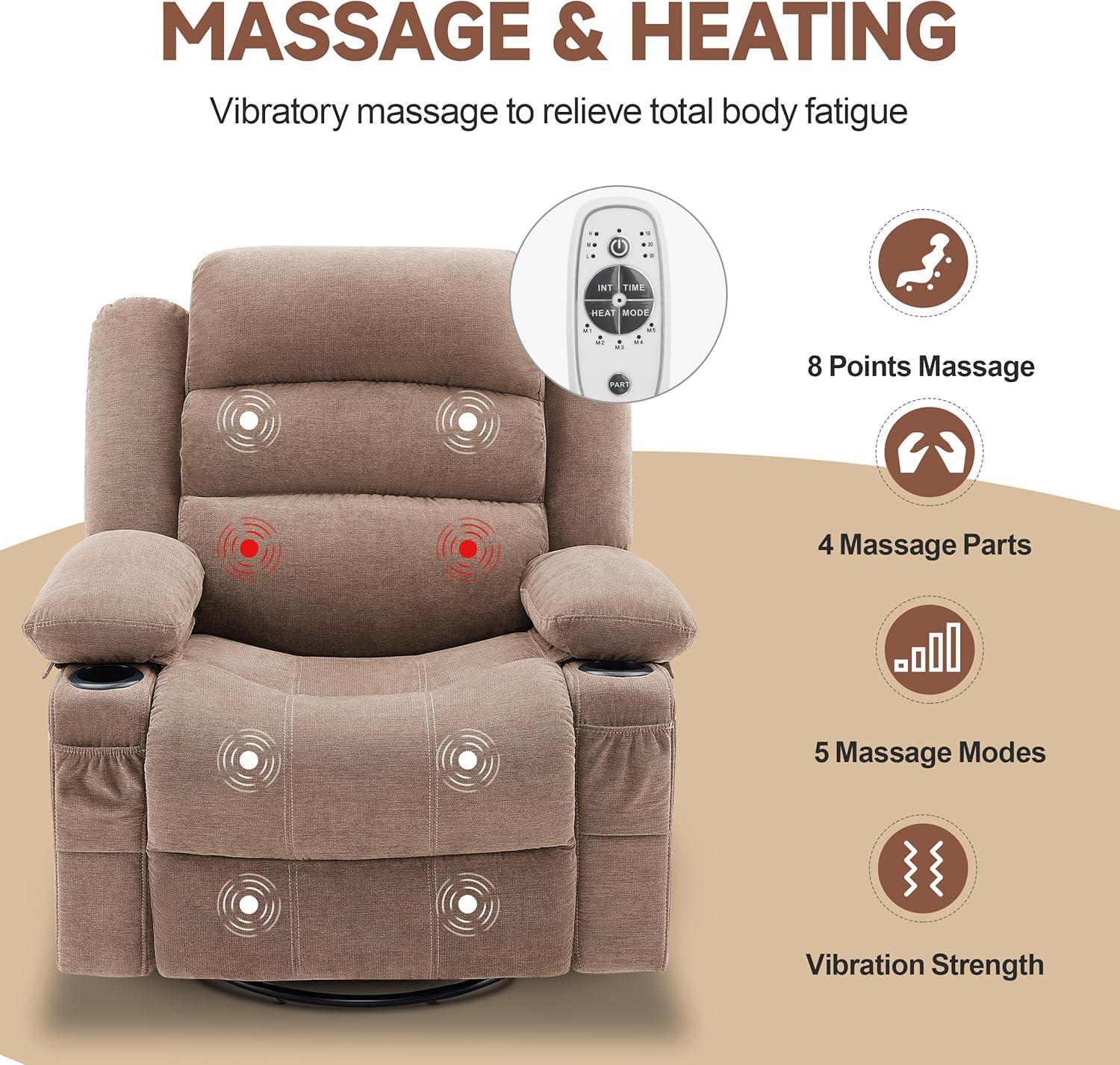 Huatean Home Rocker Recliner Chair Swivel Massage Heated Oversized Sofa Seat