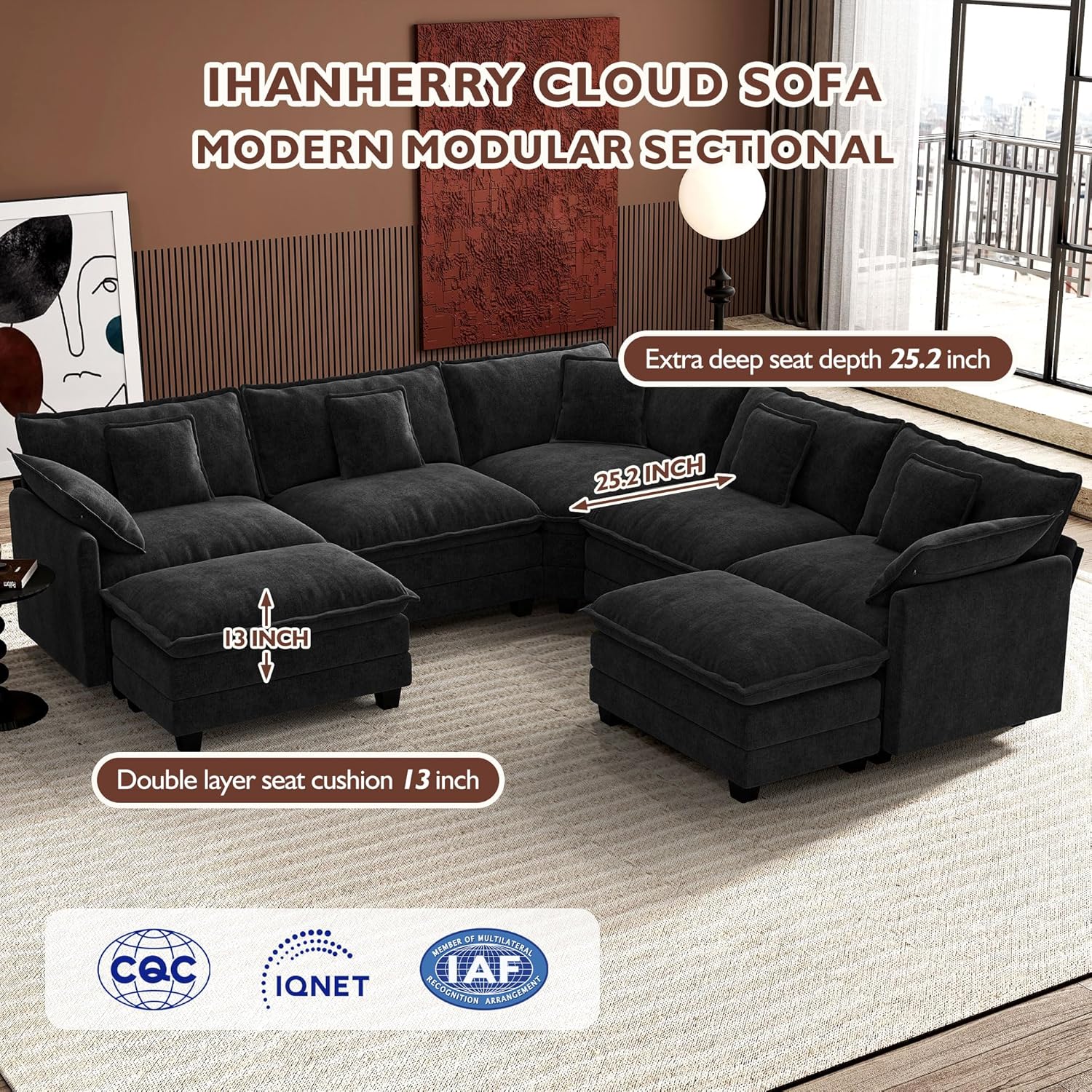 Ihanherry U Shaped Modular Cloud Sofa 5 Seat Chenille Sectional with Ottoman