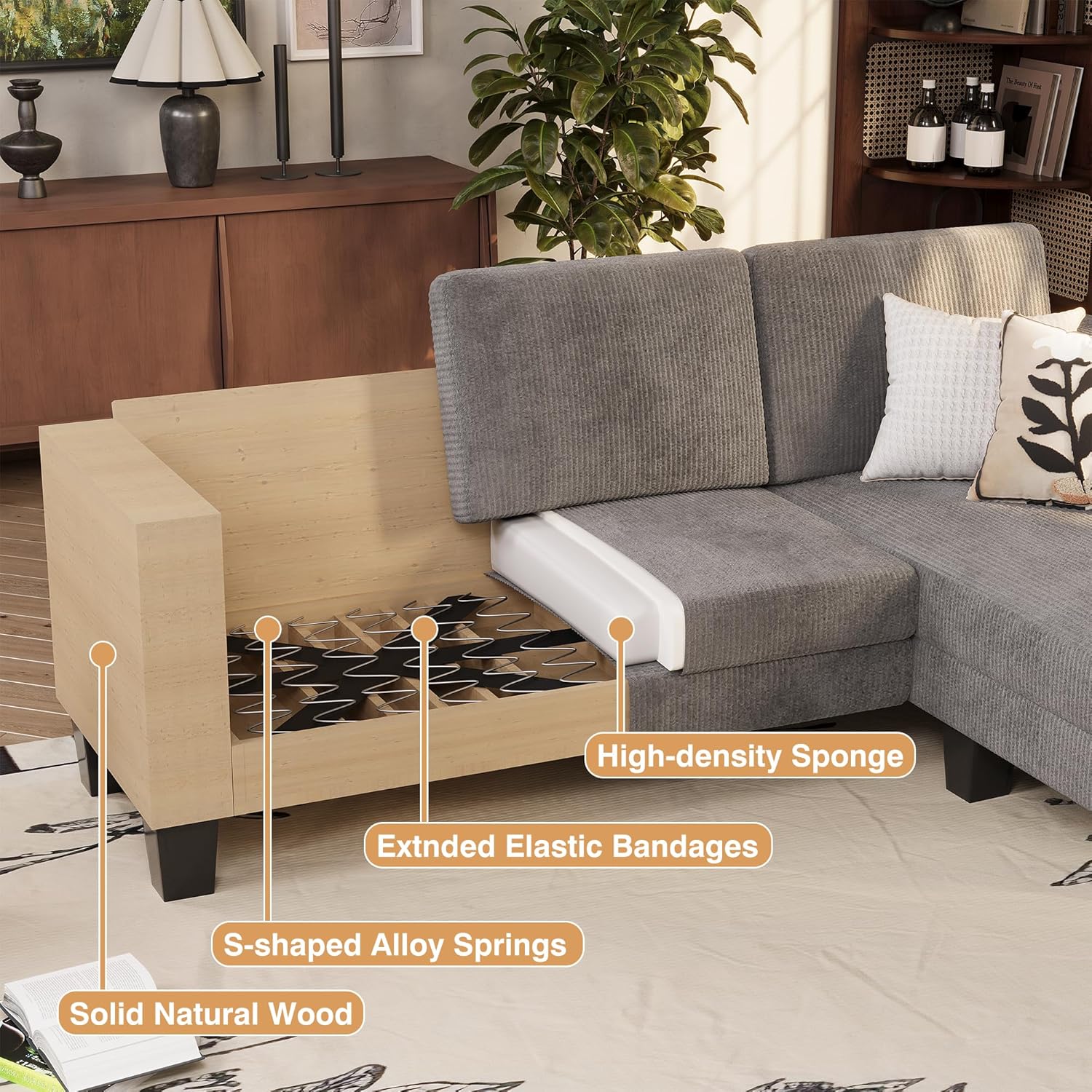 VICTONE Convertible L Shaped Sectional Sofa Couch 3 Seat with Ottoman
