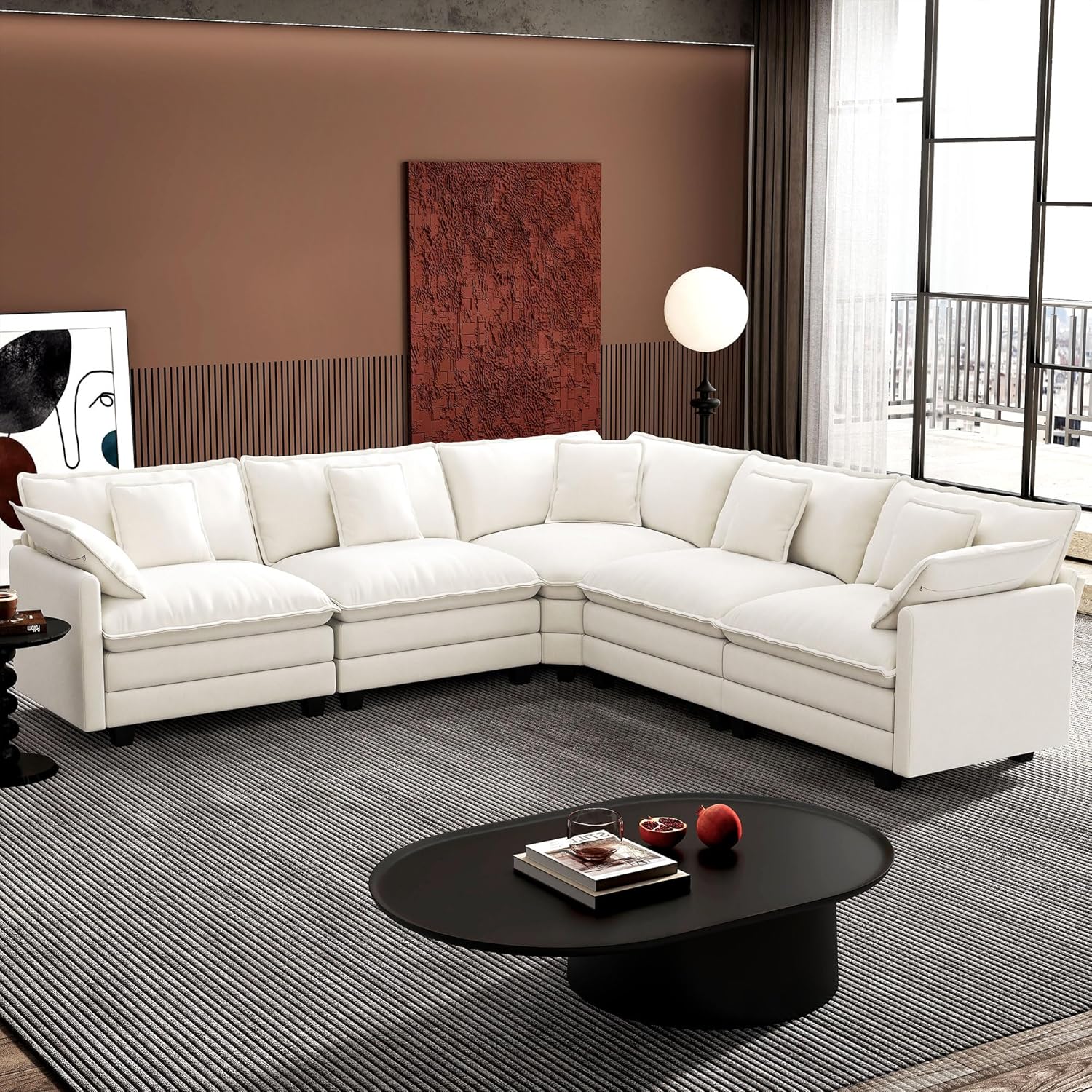 Ihanherry U Shaped Modular Cloud Sofa 5 Seat Chenille Sectional with Ottoman