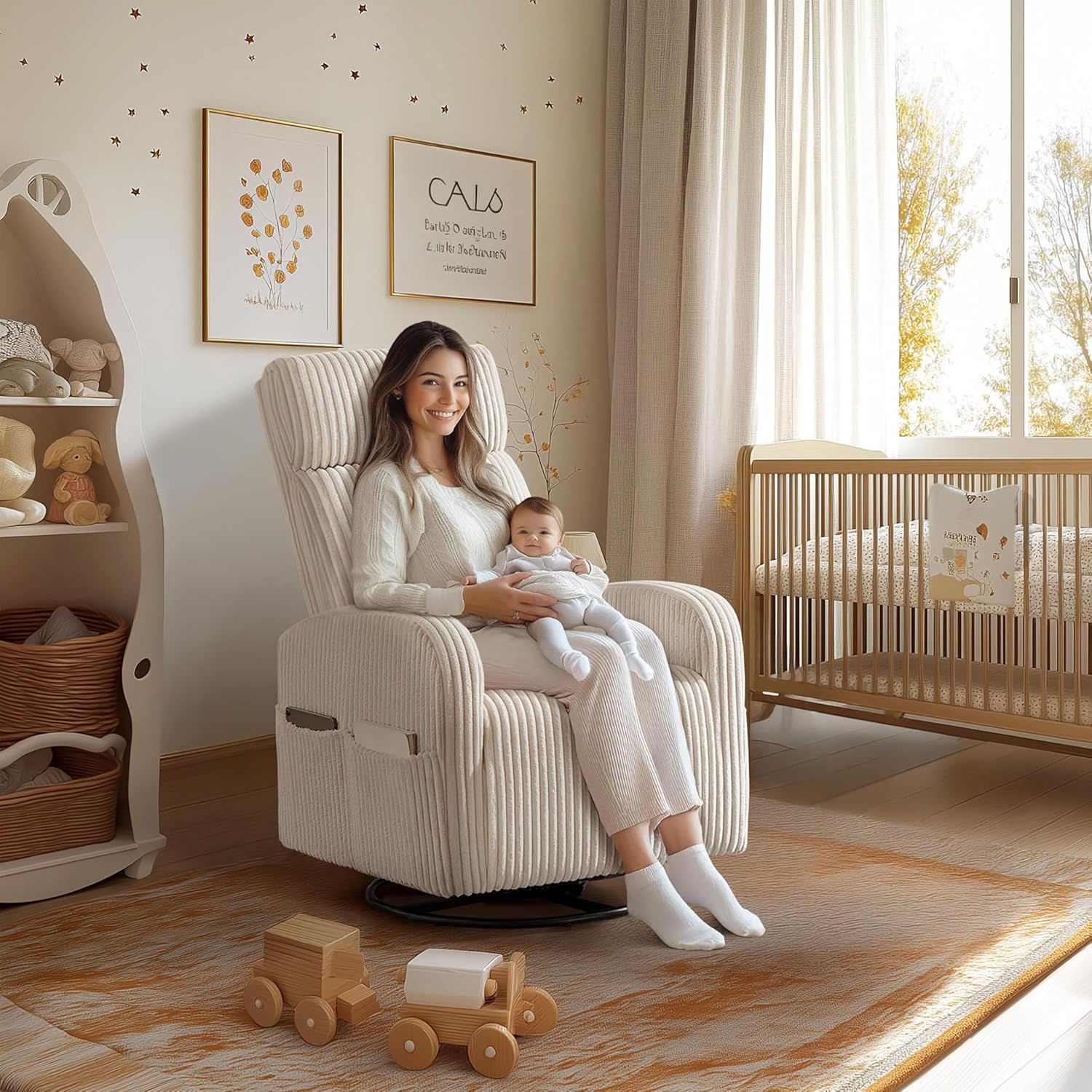 Yaheetech 360 Swivel Glider Chair Nursery Corduroy Rocking Nursing Chair with Pockets