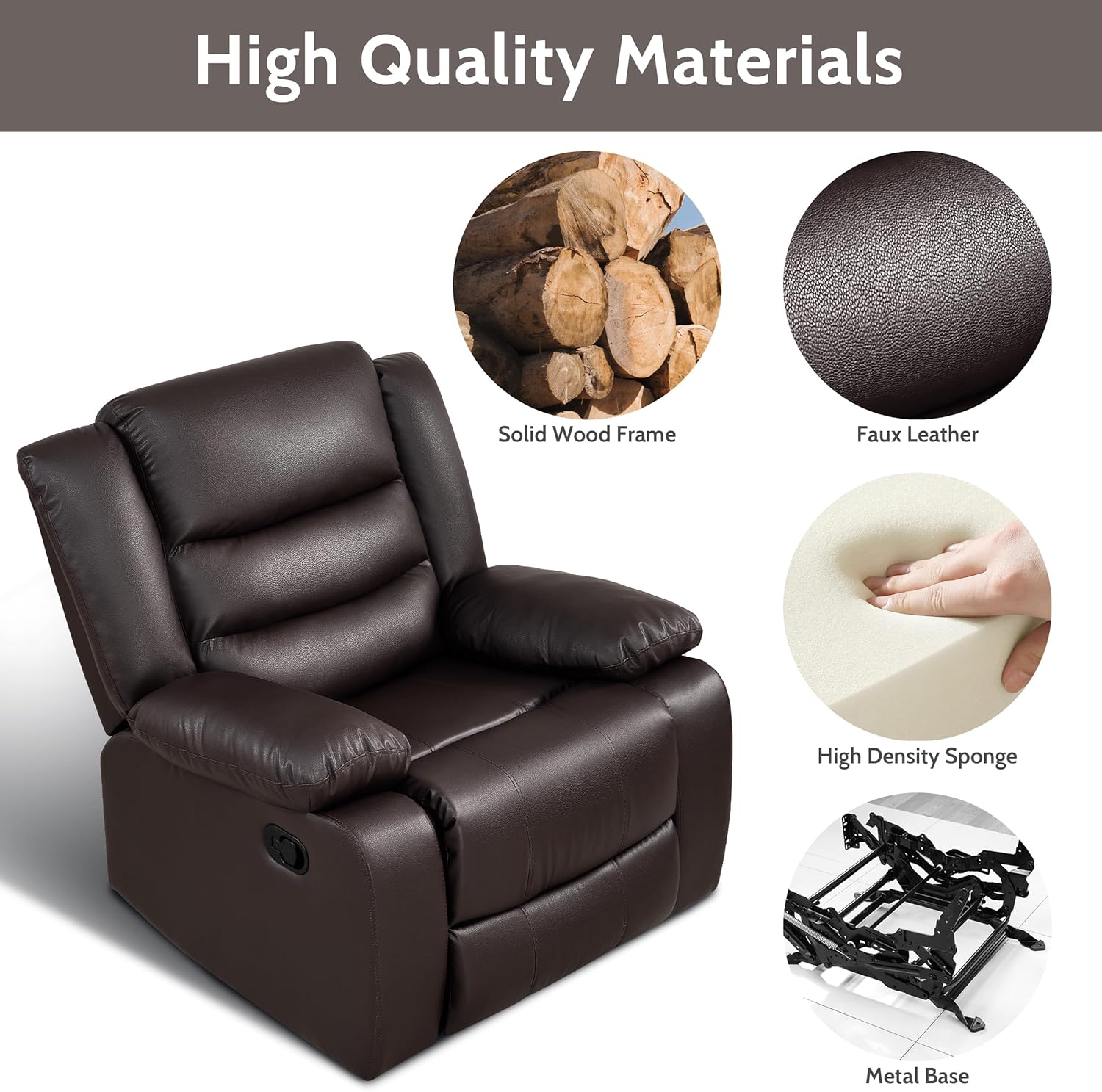PrimeZone Oversized Rocker Recliner Chair Faux Leather Manual Reclining Brown
