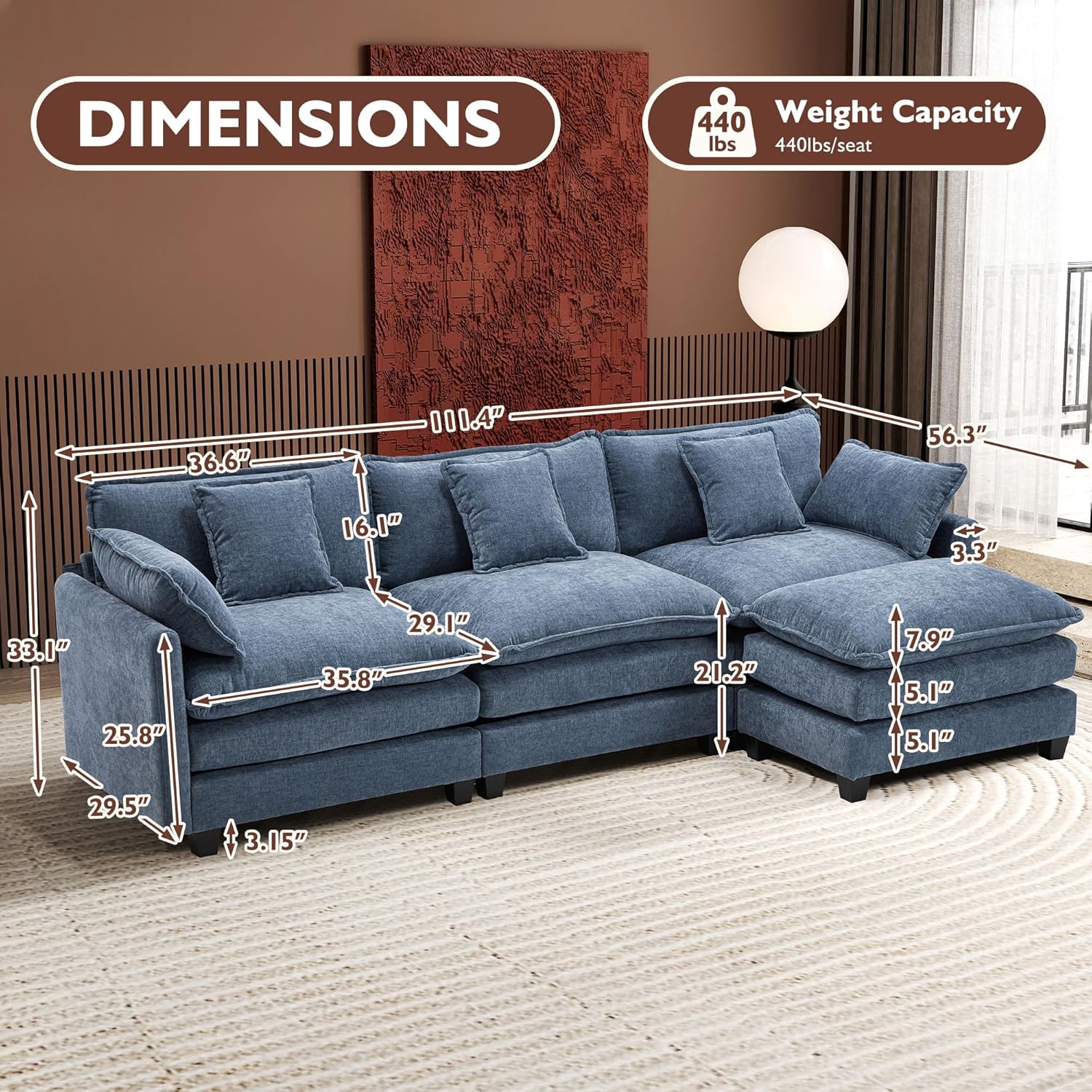 Ihanherry U Shaped Modular Sectional Sofa 5 Seat with 2 Ottomans Chenille