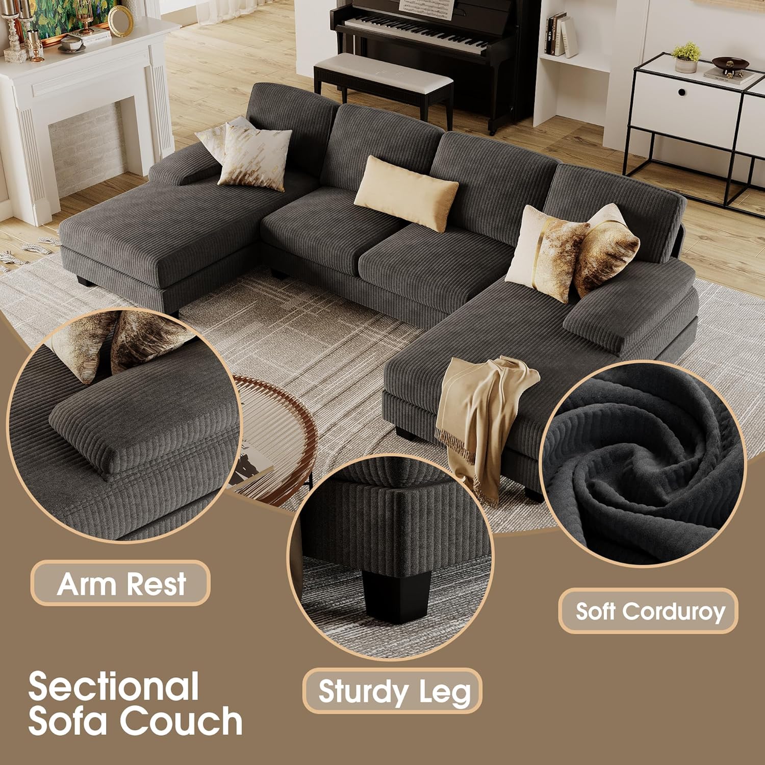 Furmax U-Shaped Sectional Sofa Couch 4 Seat Linen Fabric Double Chaise