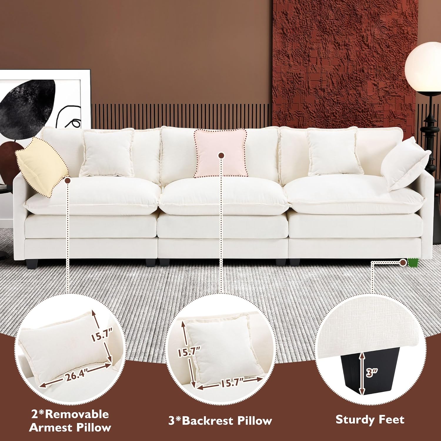 Ihanherry U Shaped Modular Cloud Sofa 5 Seat Chenille Sectional with Ottoman