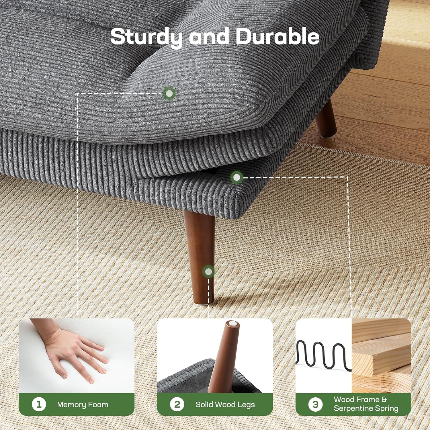 Marsail Futon Sofa Bed Convertible Corduroy Loveseat with Adjustable Backrest