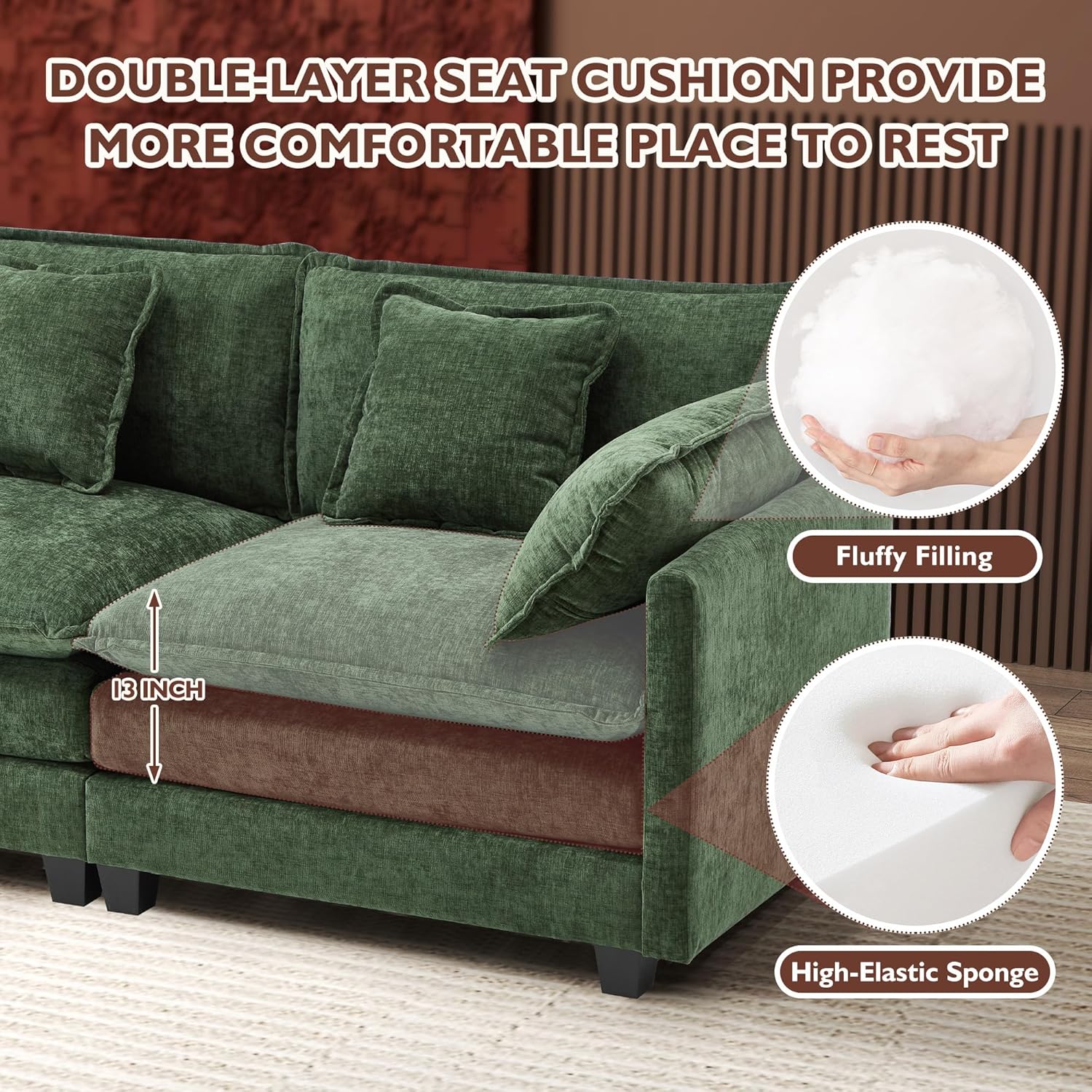 Ihanherry U Shaped Modular Cloud Sofa 5 Seat Chenille Sectional with Ottoman