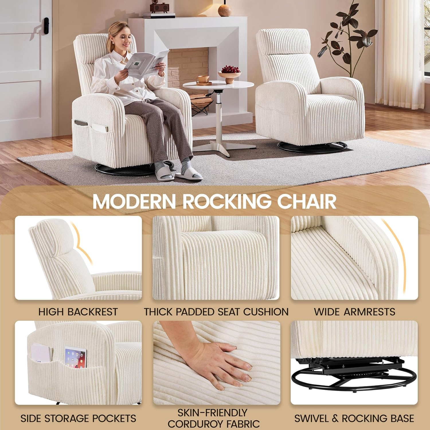 Yaheetech 360 Swivel Glider Chair Nursery Corduroy Rocking Nursing Chair with Pockets