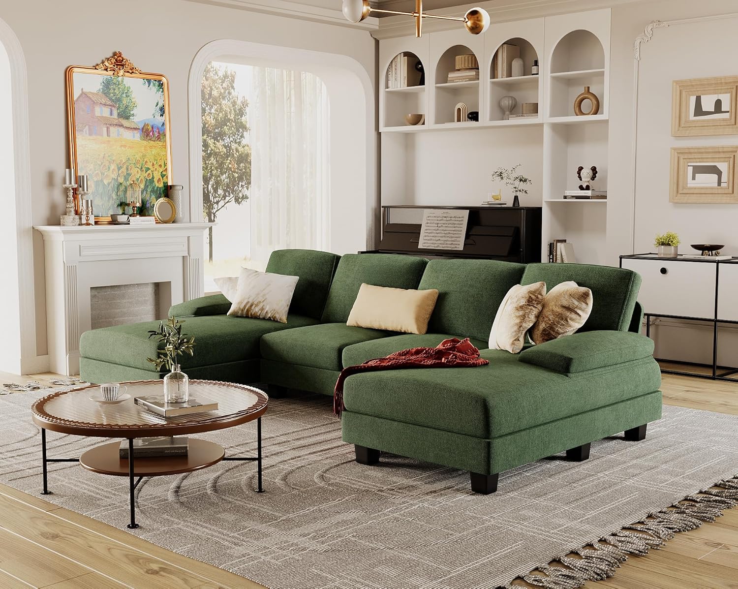Furmax U-Shaped Sectional Sofa Couch 4 Seat Linen Fabric Double Chaise
