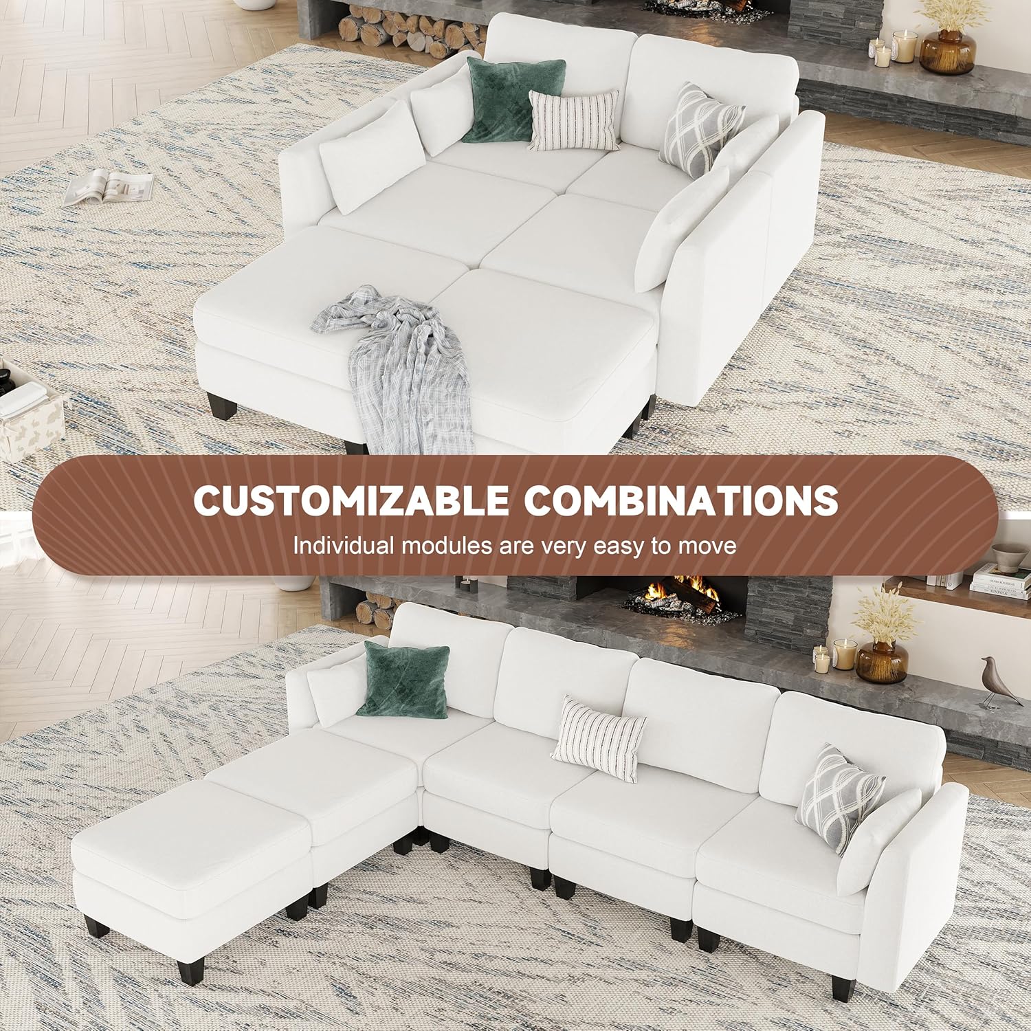 Huatean Home Modular Sectional Sofa U Shaped Couch 6 Seat Convertible High Density Foam