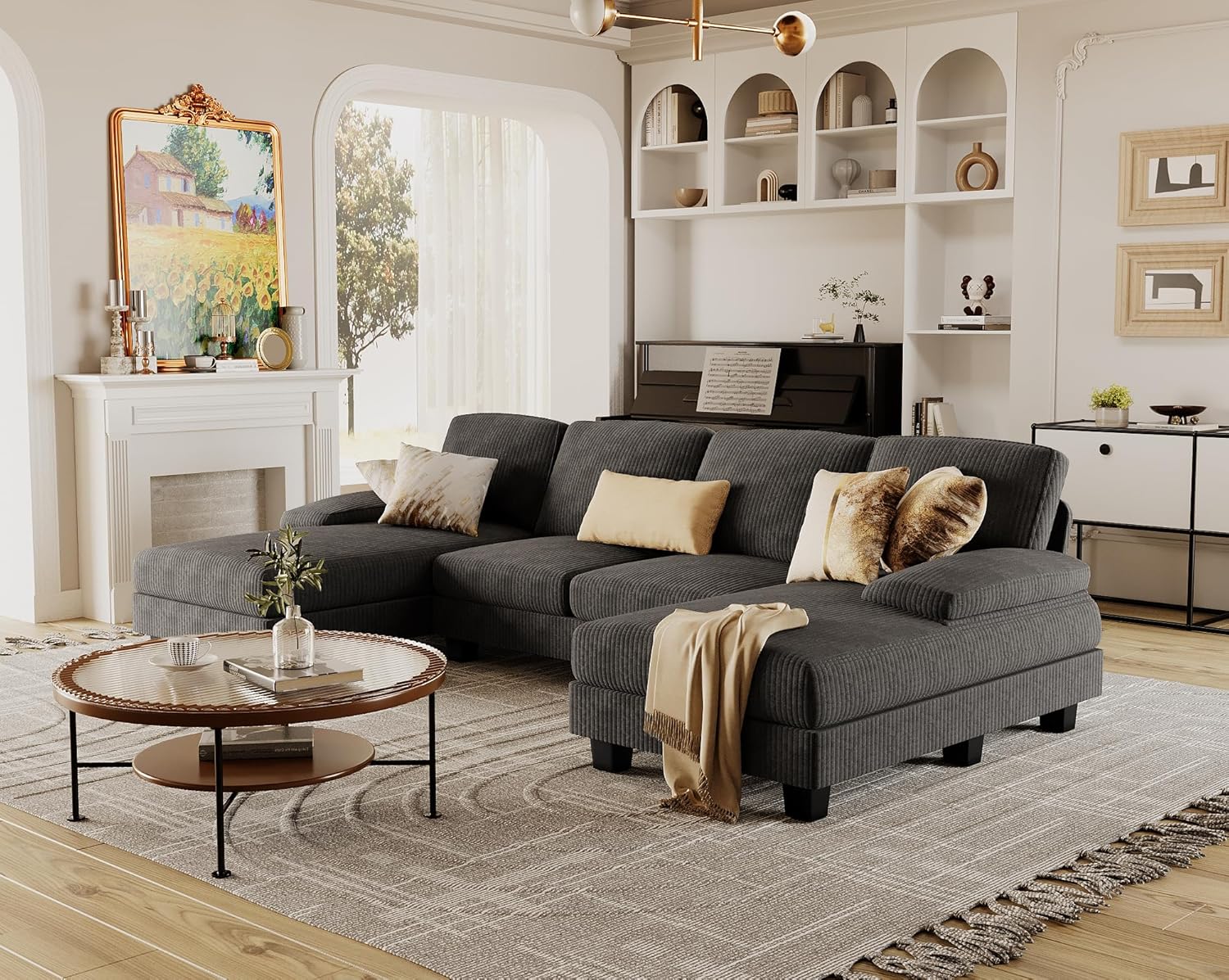 Furmax U-Shaped Sectional Sofa Couch 4 Seat Linen Fabric Double Chaise