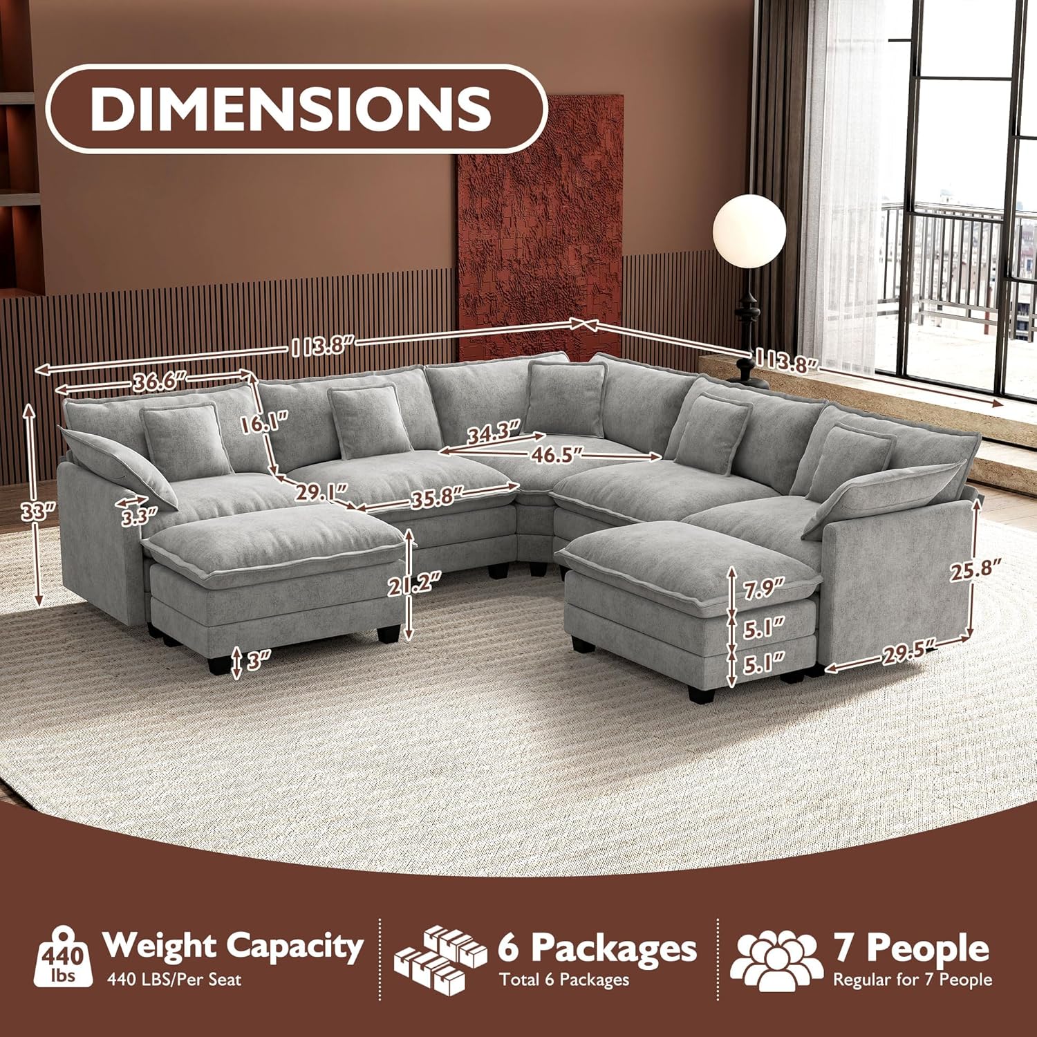Ihanherry U Shaped Modular Cloud Sofa 5 Seat Chenille Sectional with Ottoman