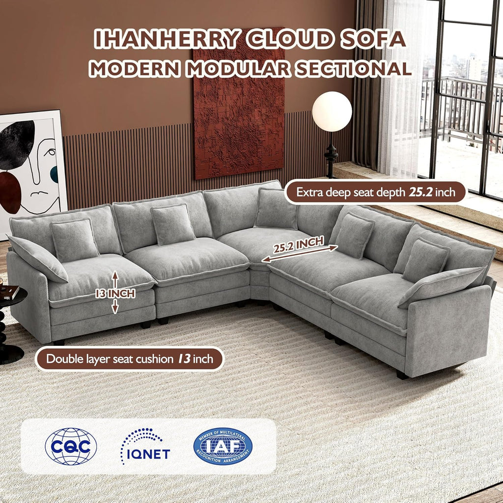 Ihanherry U Shaped Modular Cloud Sofa 5 Seat Chenille Sectional with Ottoman