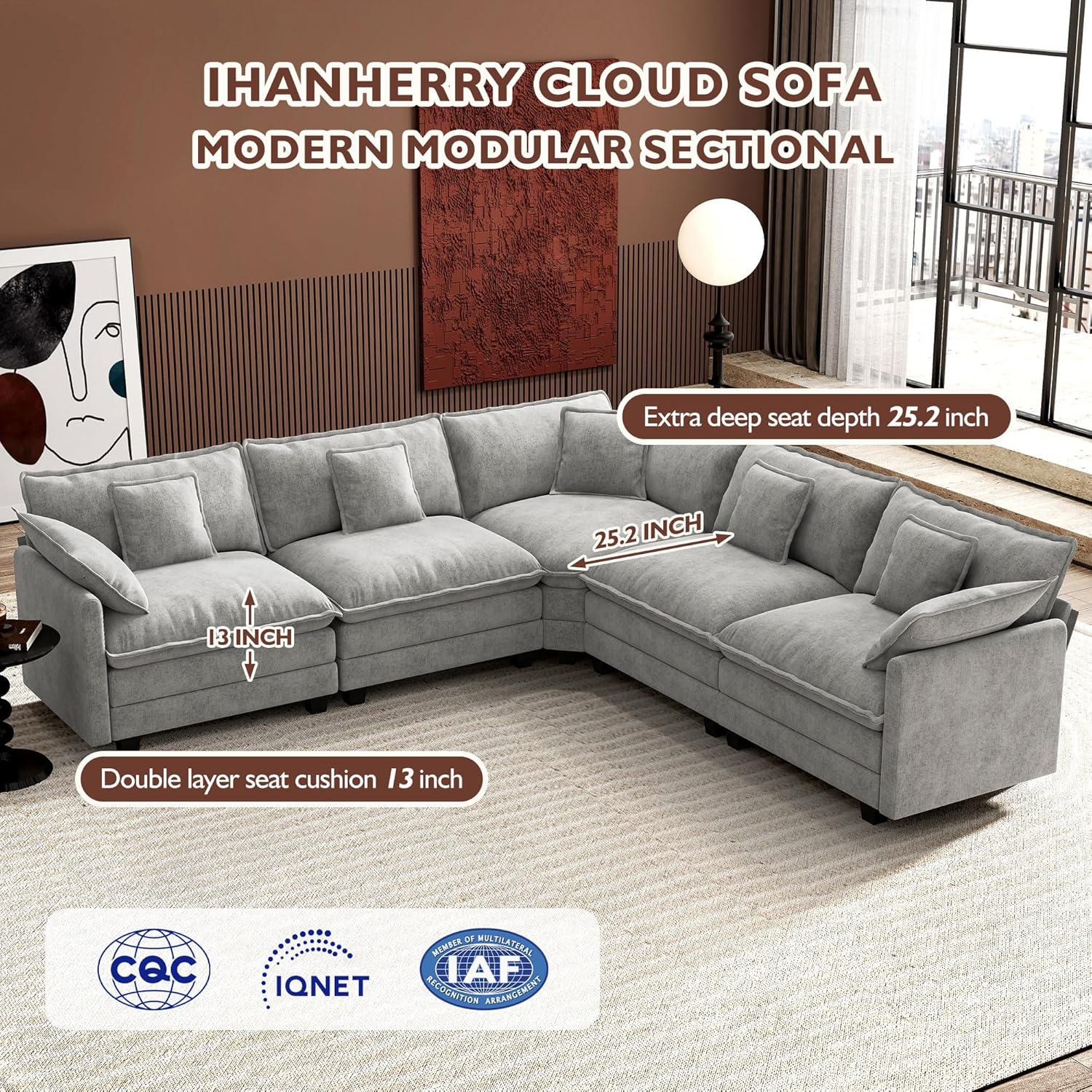Ihanherry U Shaped Modular Cloud Sofa 5 Seat Chenille Sectional with Ottoman