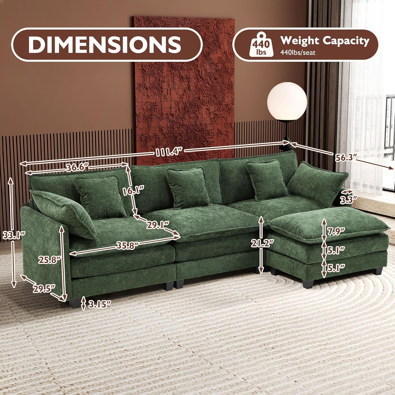 Ihanherry U Shaped Modular Cloud Sofa 5 Seat Chenille Sectional with Ottoman