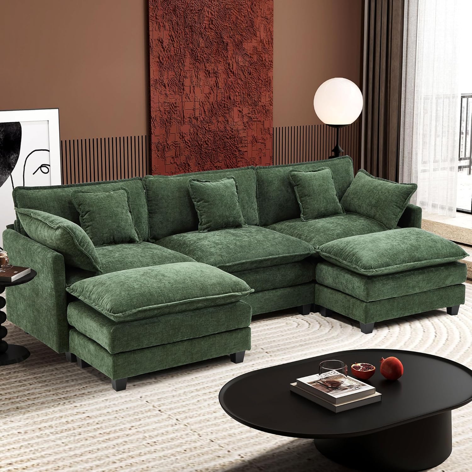 Ihanherry U Shaped Modular Sectional Sofa 5 Seat with 2 Ottomans Chenille