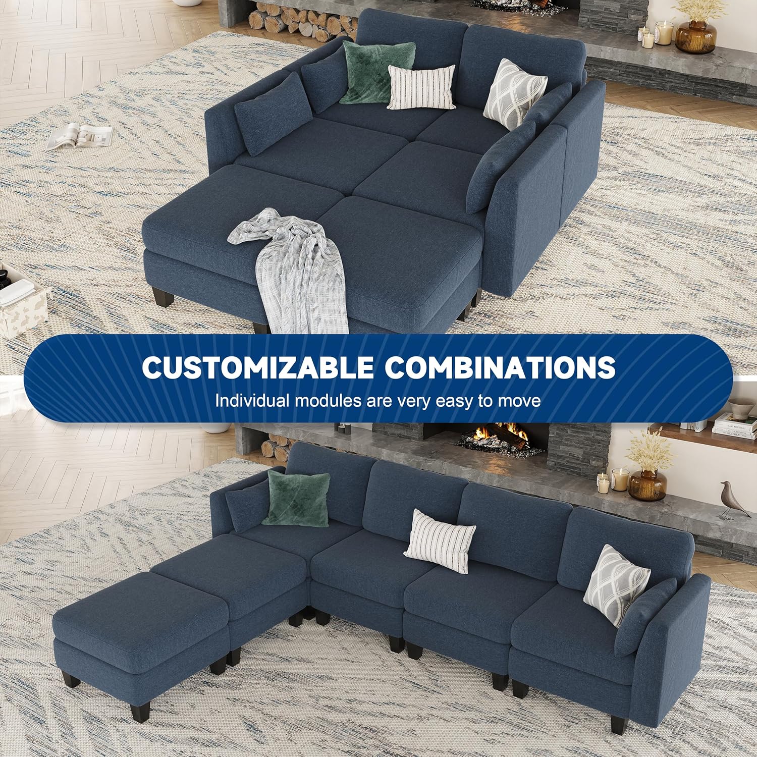 Huatean Home Modular Sectional Sofa U Shaped Couch 6 Seat Convertible High Density Foam