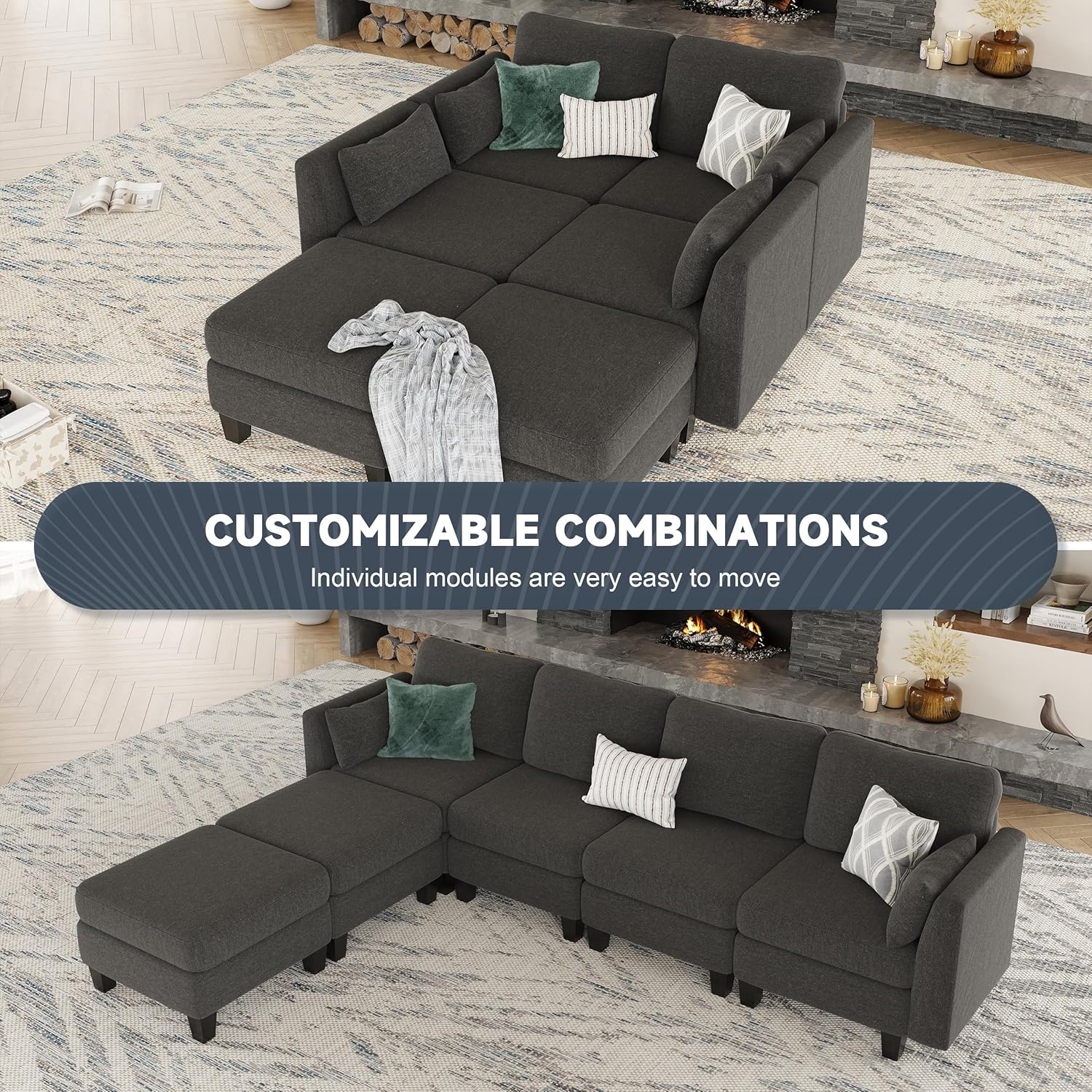 Huatean Home Modular Sectional Sofa U Shaped Couch 6 Seat Convertible High Density Foam