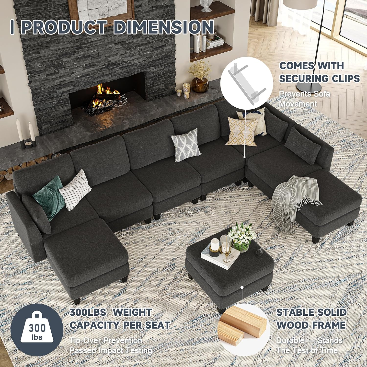 Huatean Home Modular Sectional Sofa U Shaped Couch 6 Seat Convertible High Density Foam
