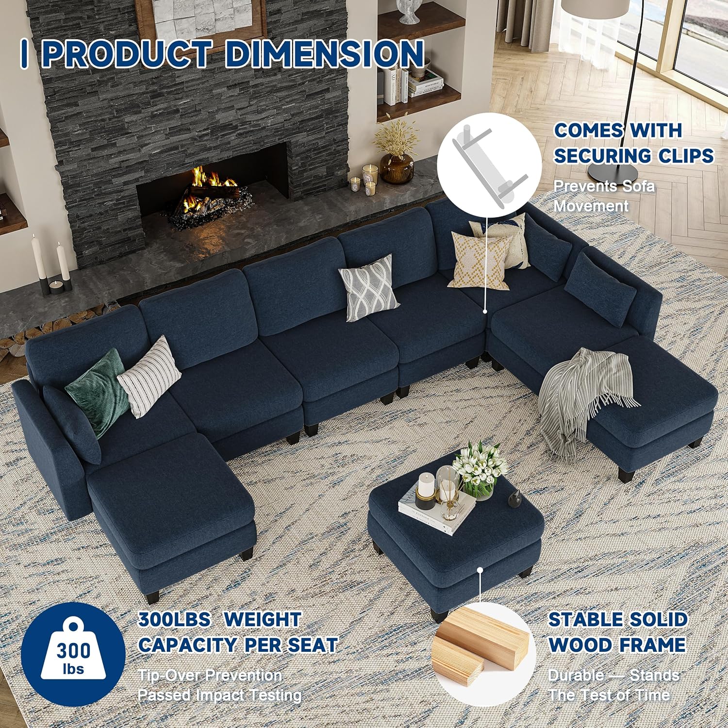 Huatean Home Modular Sectional Sofa U Shaped Couch 6 Seat Convertible High Density Foam