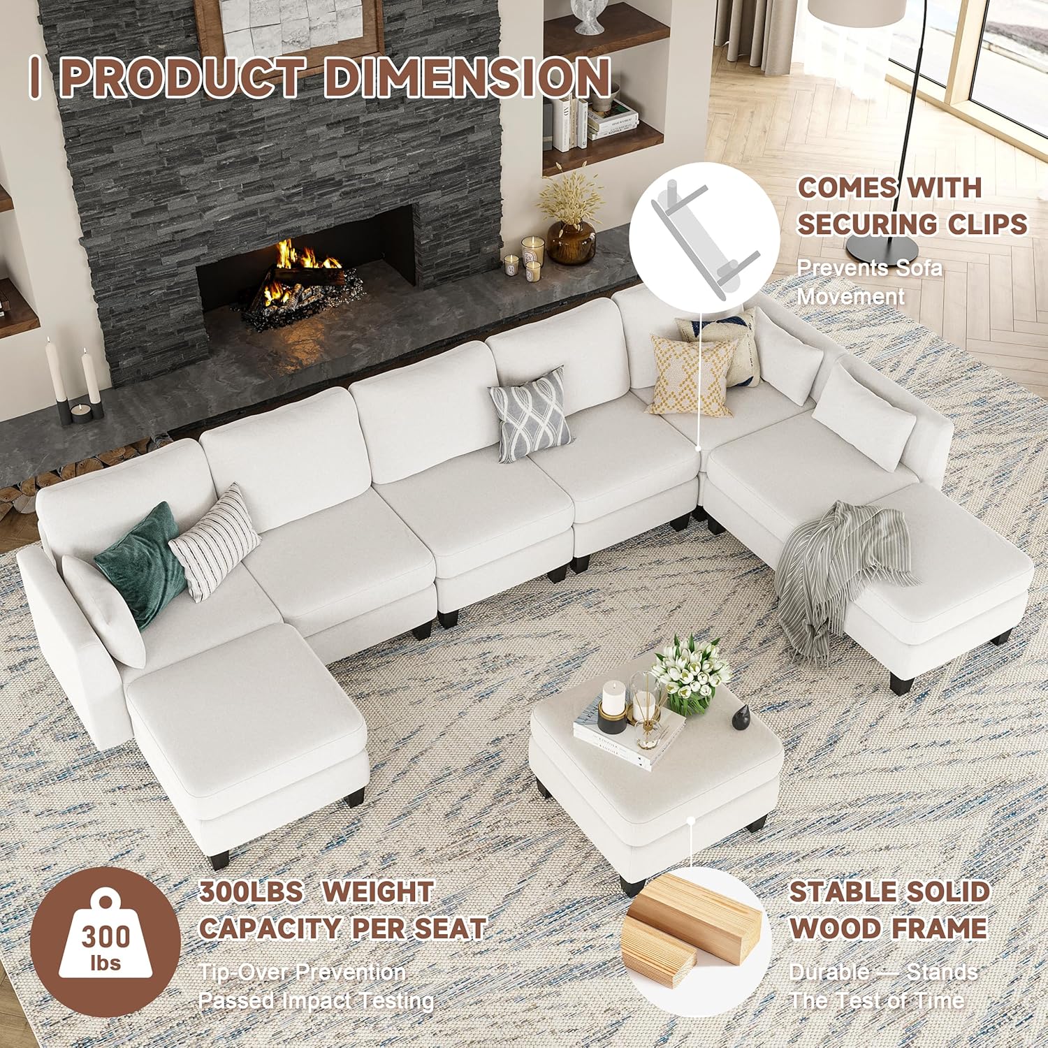 Huatean Home Modular Sectional Sofa U Shaped Couch 6 Seat Convertible High Density Foam